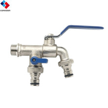 Load image into Gallery viewer, 1/2" x 3/4" x 3/4" Brass Double Ball Valve Tap with Hose Connections